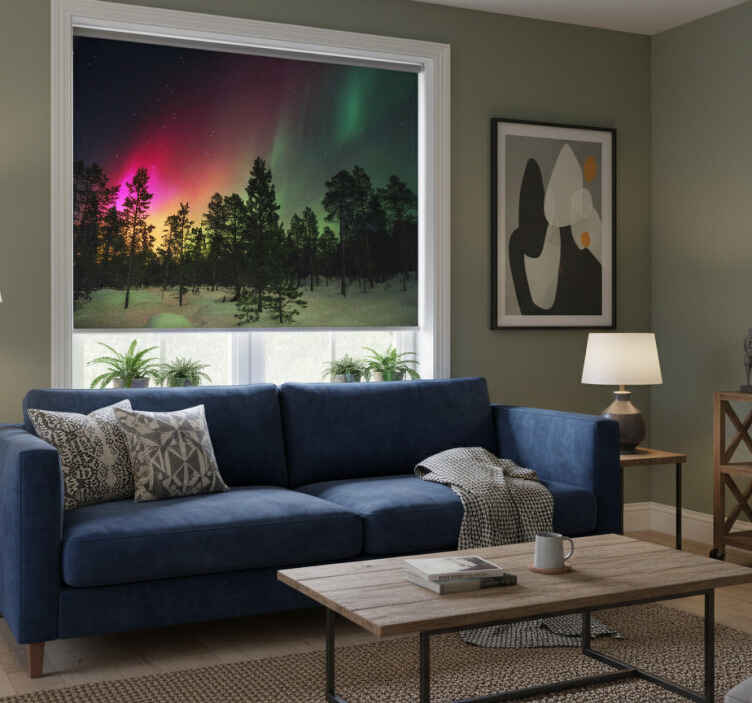 Living room roller blind northern lights above trees - TenStickers