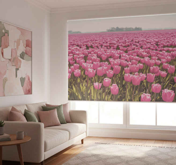 Living room roller blind pink tulip field - TenStickers