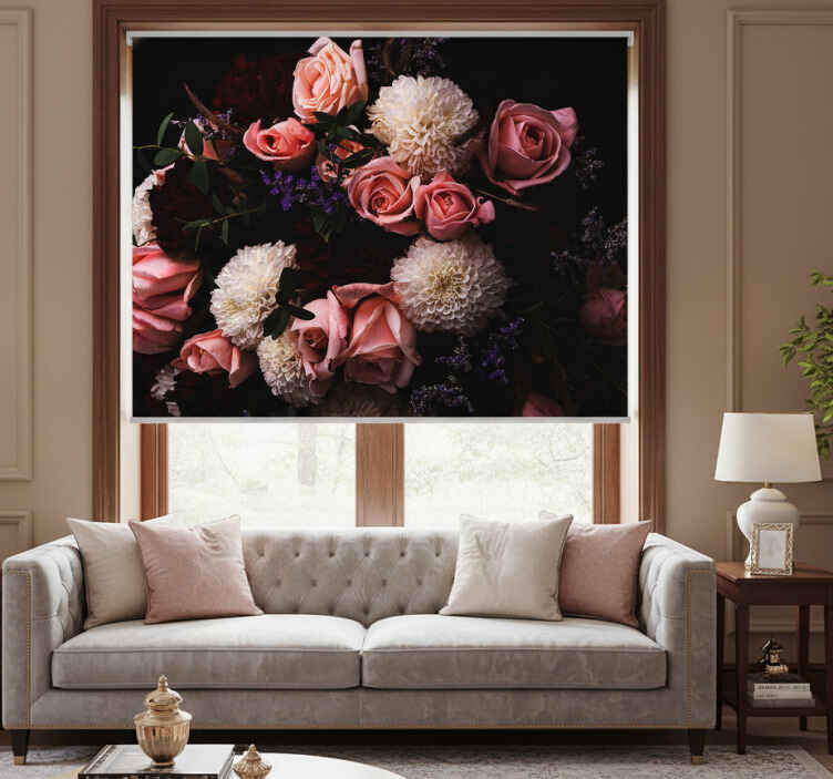 Estore de rolo para sala buquê luxuoso de rosas pink - TenStickers