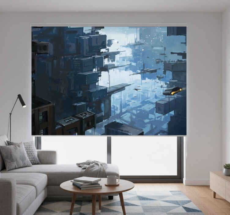 Living room roller blind futuristic city skyline - TenStickers