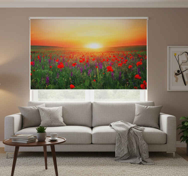 Living room roller blind red poppy field in sunlight - TenStickers