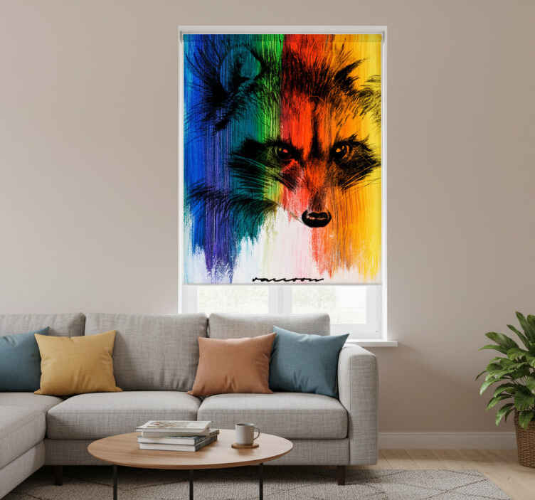Living room roller blind rainbow raccoon - TenStickers