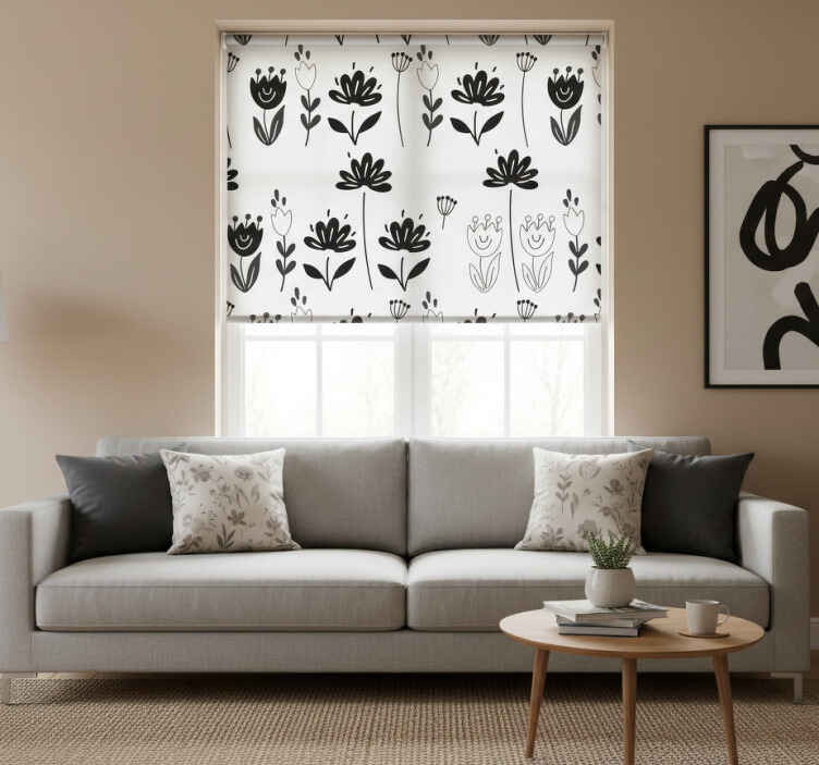 Rullegardin stue svart og hvite blomster - Tenstickers