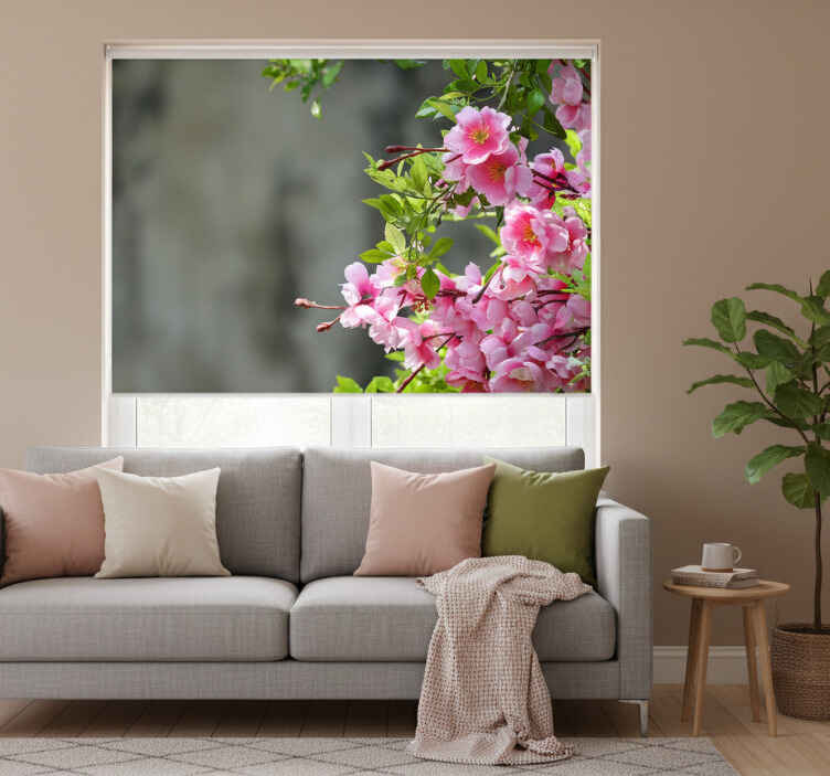 Living room roller blind pink flowers 3d - TenStickers
