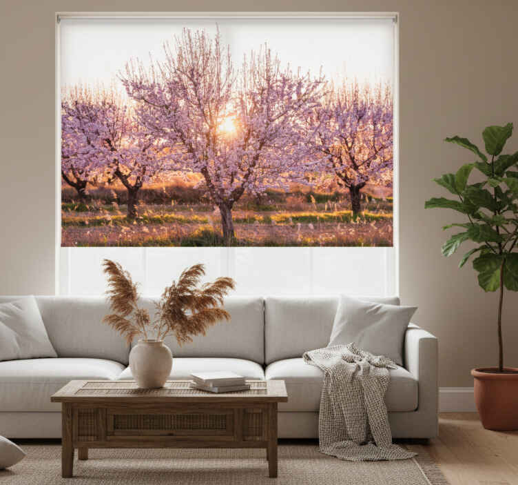 Rullegardin stue rosa landskap med blomster - Tenstickers