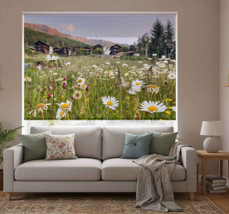 Living room roller blind floral village landscape - TenStickers