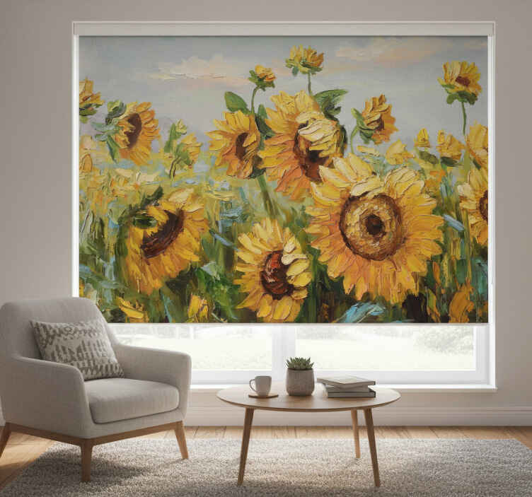 Living room roller blind painted sunflower field - TenStickers