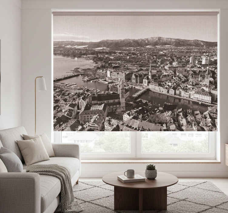 Living room roller blind zürich with mountains backdrop - TenStickers