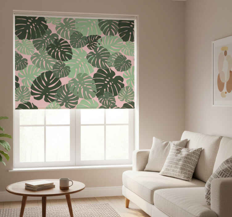 Rullegardin stue monstera blader rosa farge - Tenstickers