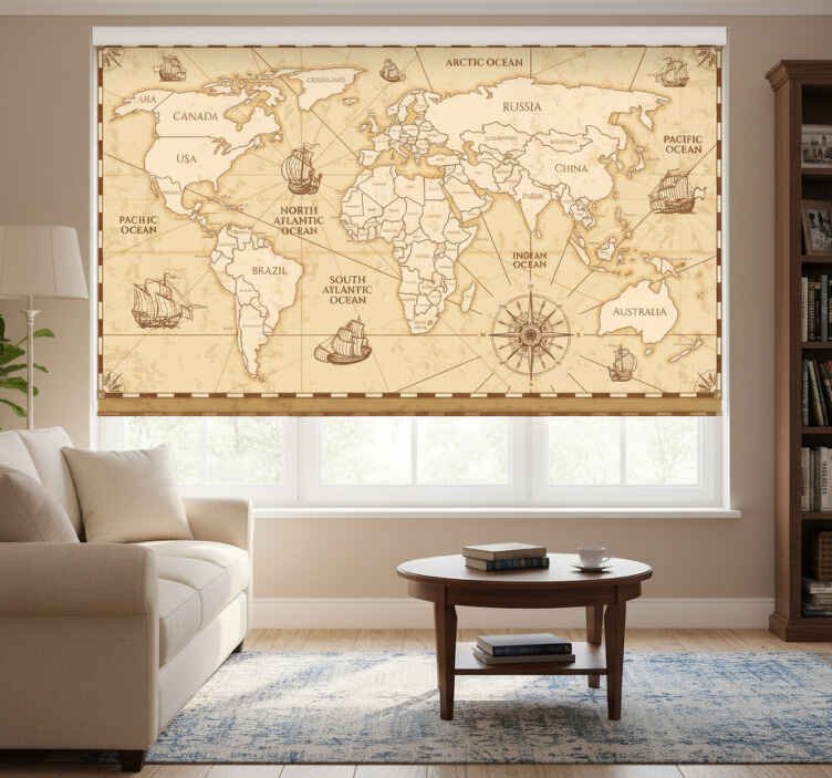 Rullegardin beige med vintage verdenskart design - Tenstickers