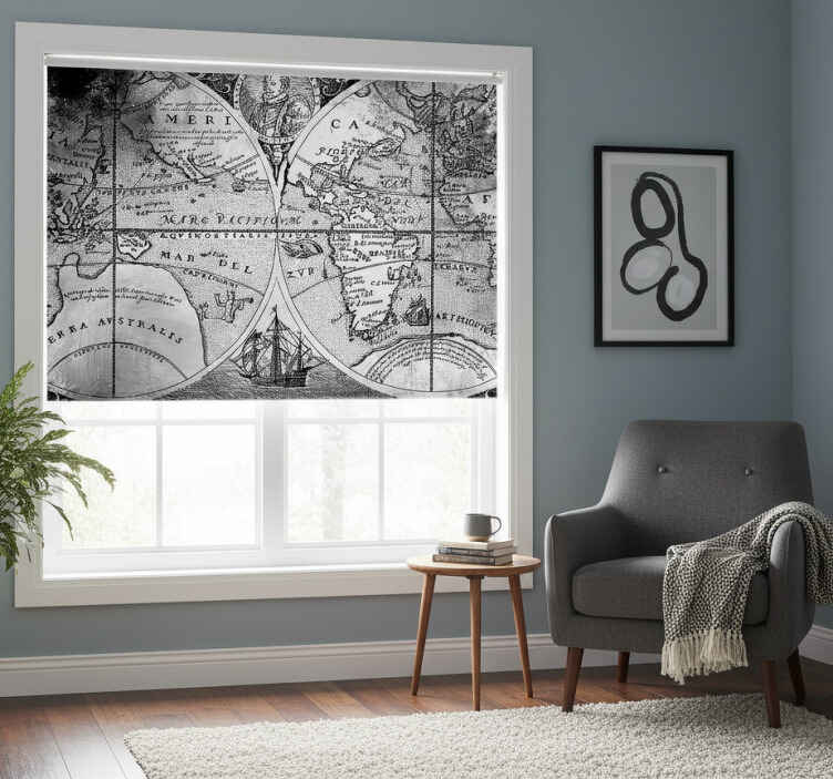 Store enrouleur gris carte du monde noir et blanc - TenStickers