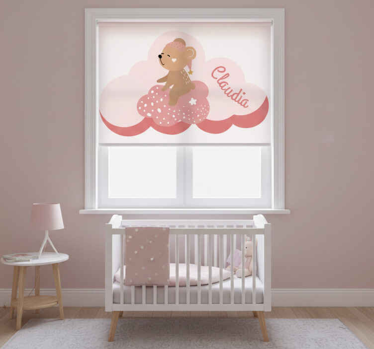 Roller blind pink nordic style bear rug with name - TenStickers