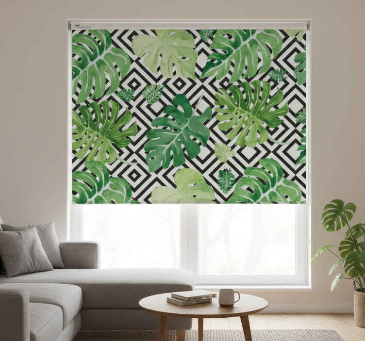 Living room roller blind with monstera leaves design - TenStickers