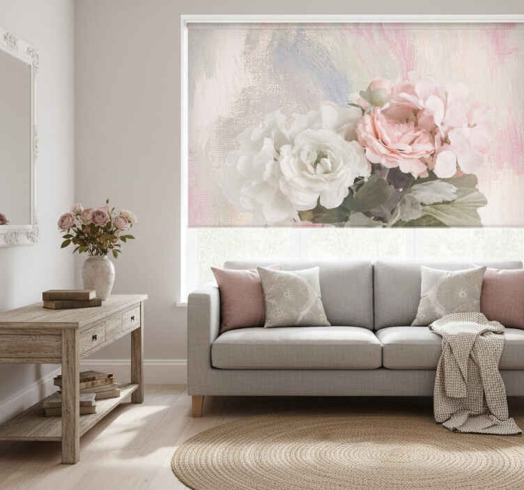 Cortina roller living comedor flores rosa y blancas vintage - TenVinilo