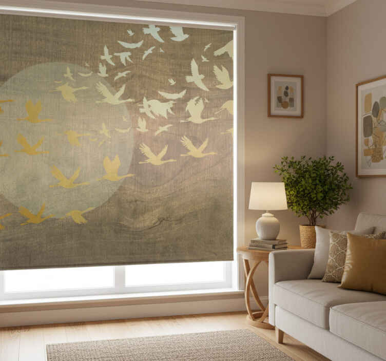 Living room blind golden oriental sun with birds - TenStickers