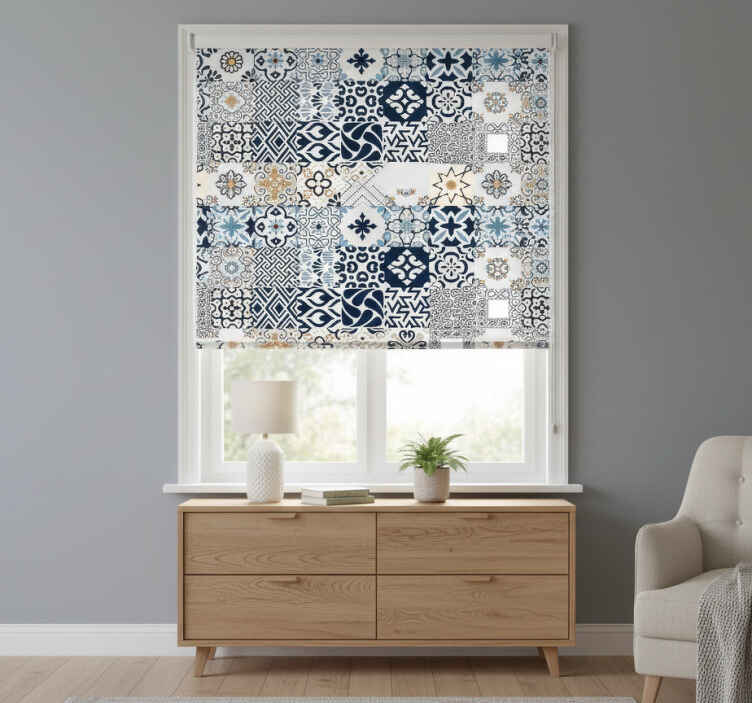 Cortina roller habitación azulejos azules - TenVinilo