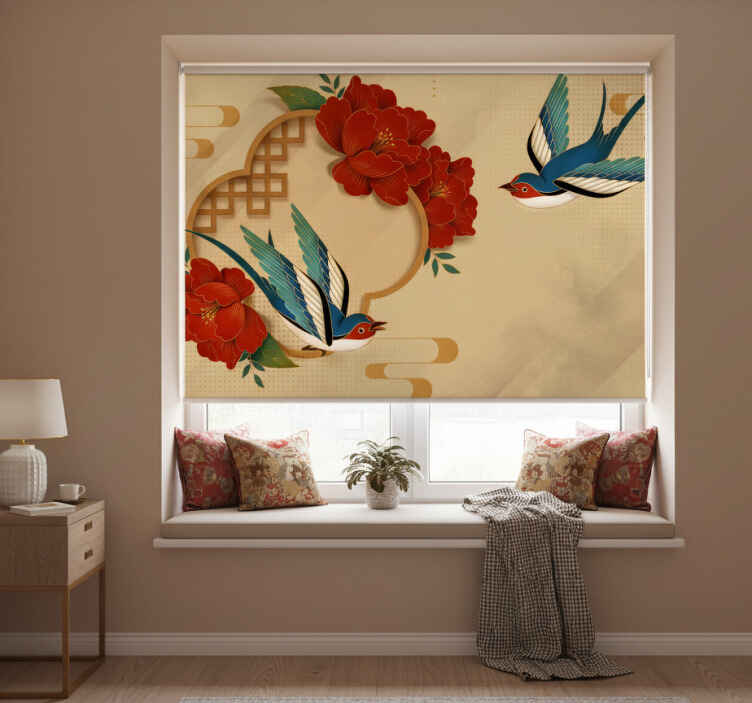 Cortina roller beige pájaros y flores 3d - TenVinilo