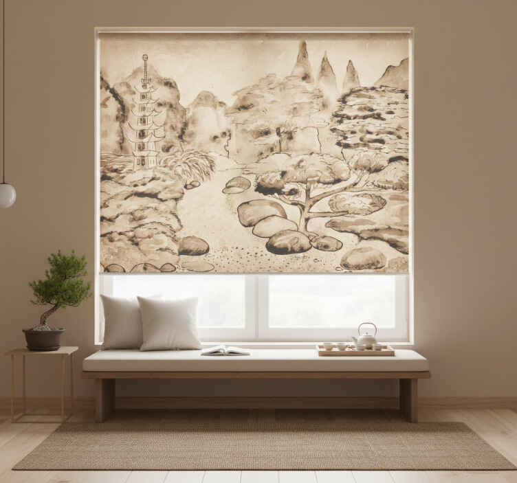 Cortina roller beige jardín japonés estilo japandi - TenVinilo