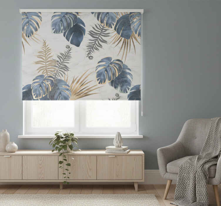 Blind bedroom with blue tropical plants on white - TenStickers