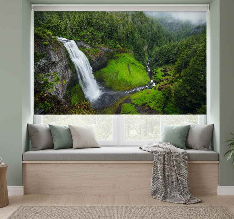 Bedroom roller blind peaceful waterfall in green forest - TenStickers