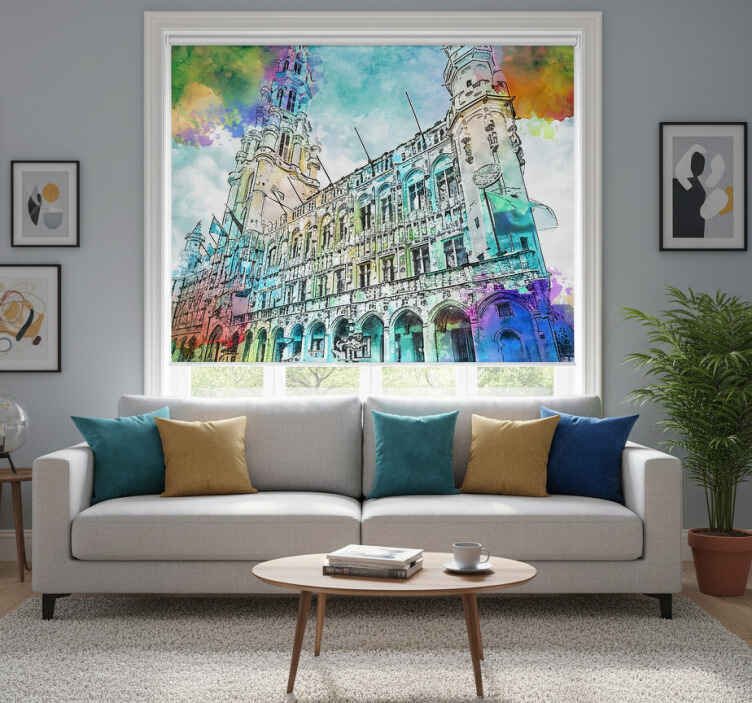Living room roller blind watercolor grand place brussels - TenStickers