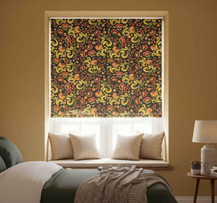 Cortina roller habitación estilo ruso floral amarillo y rojo - TenVinilo