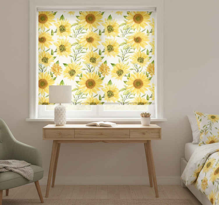 Cortina roller habitación girasoles fondo blanco - TenVinilo