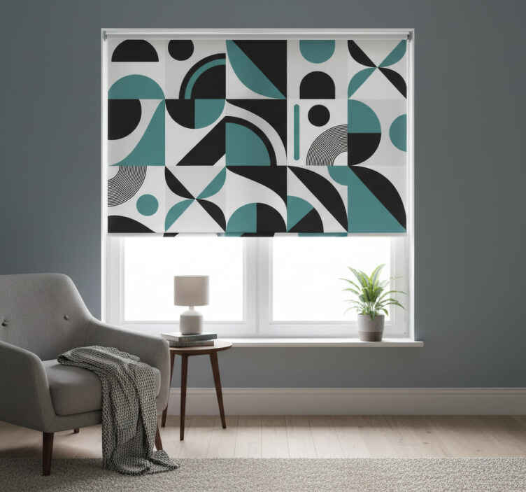 Cortina roller habitación patrón hidráulico negro y azul - TenVinilo