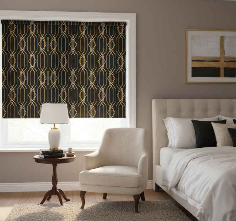Cortina roller habitación diseño cuadrado negro y dorado - TenVinilo