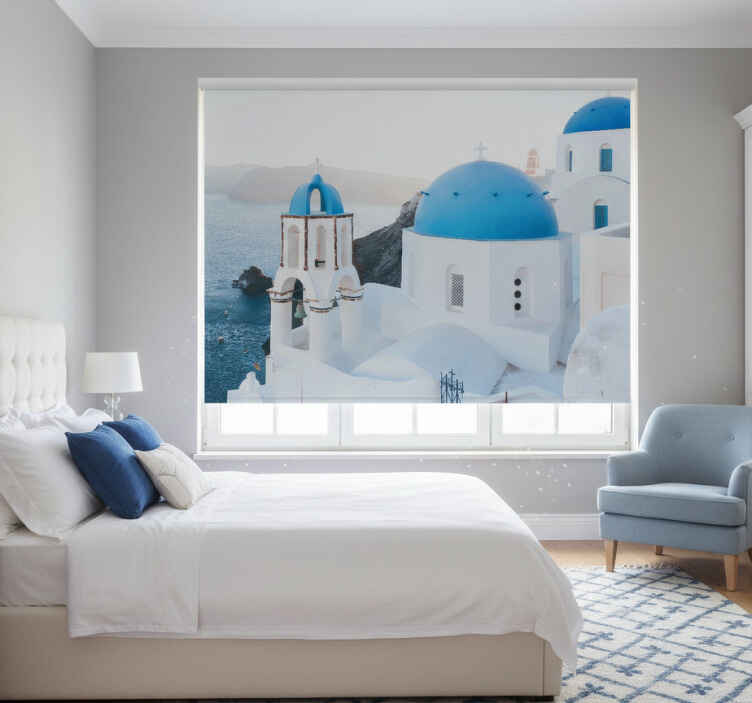 Rullgardin sovrum santorini vita och blå hus hav - Tenstickers