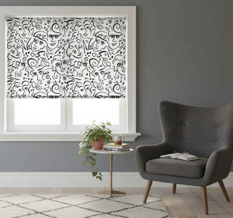White roller blind featuring black and white graffiti art - TenStickers