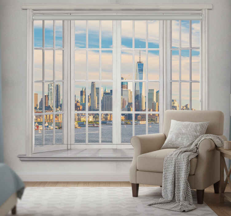 White window blind east river at dawn through window - TenStickers