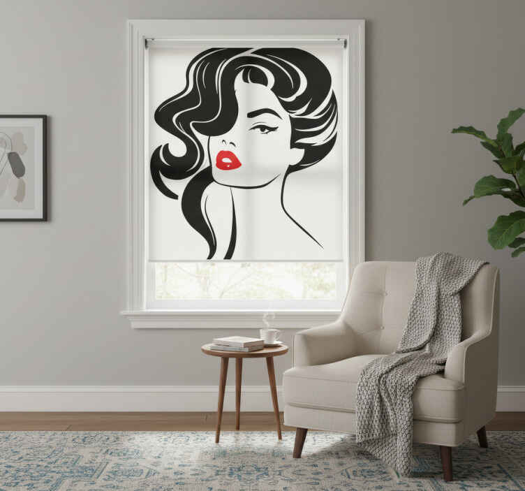Cortina roller blanca mujer bonita con labios rojos - TenVinilo