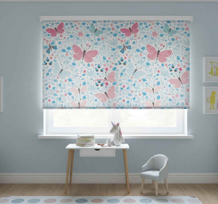 Blue motifs pink colour children room roller blind - TenStickers
