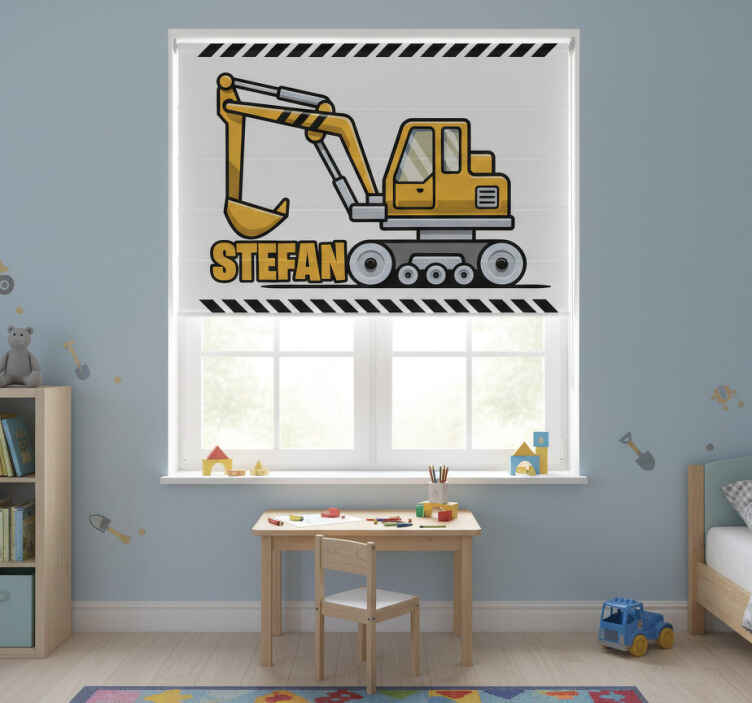 Children room roller blind yellow excavator with name - TenStickers