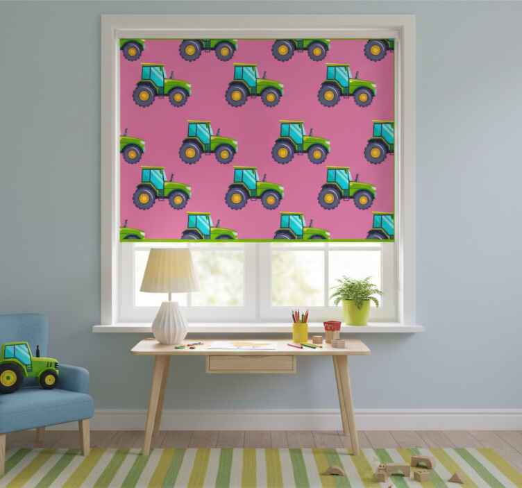 Rullgardin barn rosa och grön traktor mönster - Tenstickers