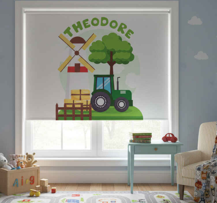 Rollo fenster kinderzimmer traktor mit hügel und wolken - TenStickers