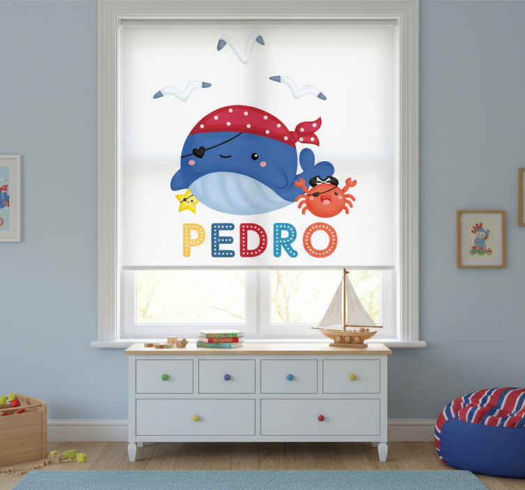 Rollo fenster kinderzimmer süßer blauer piratenwal - TenStickers