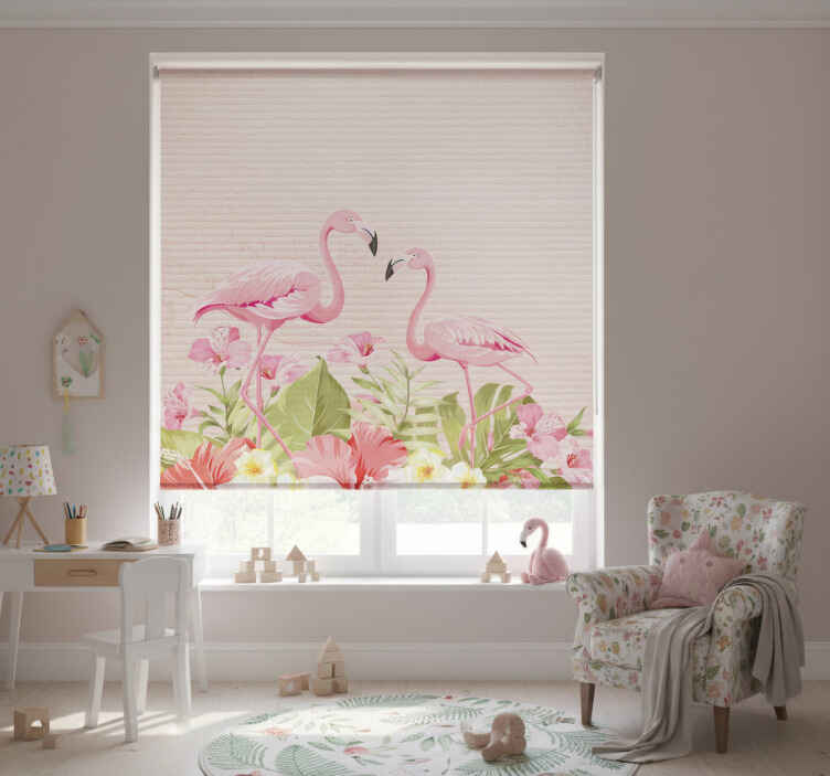 Kids roller blind tropical flowers and flamingos - TenStickers