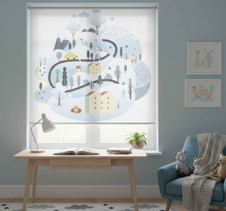 Kids roller blind in grey village with mountains - TenStickers