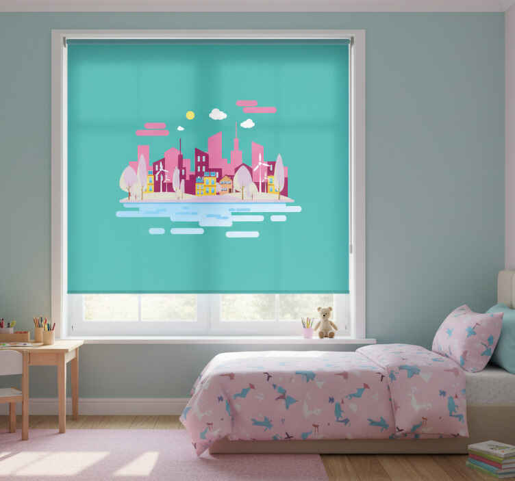 Kids roller blind pink city by the sea - TenStickers