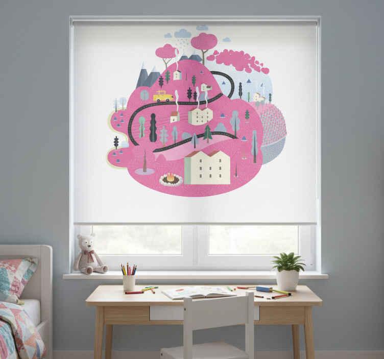 Kids roller blind pink mountains with houses - TenStickers