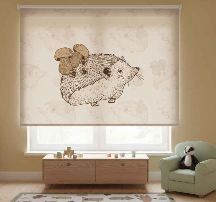 Kids roller blind sketch of cute baby hedgehog and mushrooms - TenStickers