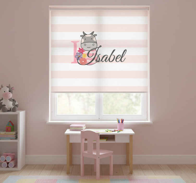 Kids roller blind cute cow with name - TenStickers