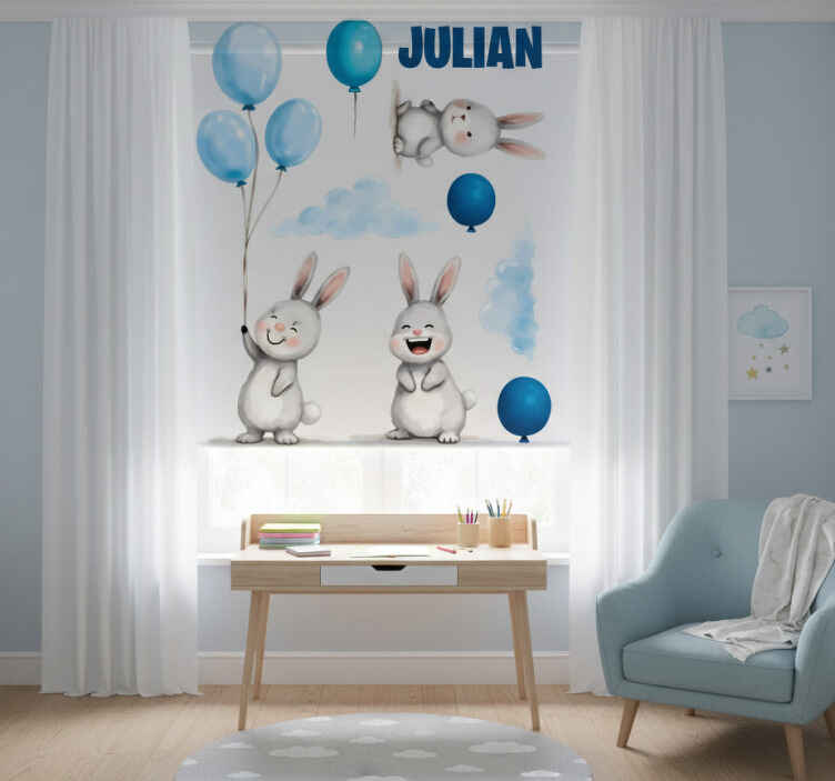 Rollo fenster kinderzimmer mit blauen luftballons und hasen - TenStickers