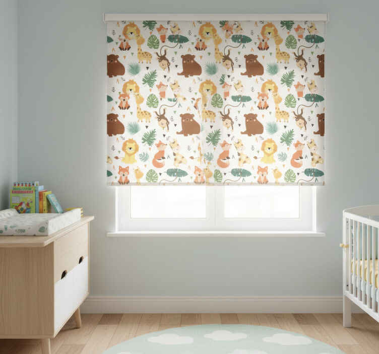 Kids roller blind featuring cute wild animals and leaves - TenStickers