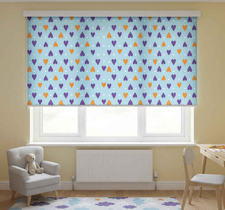 Rollo fenster kinderzimmer lila und orange herzen auf blau - TenStickers