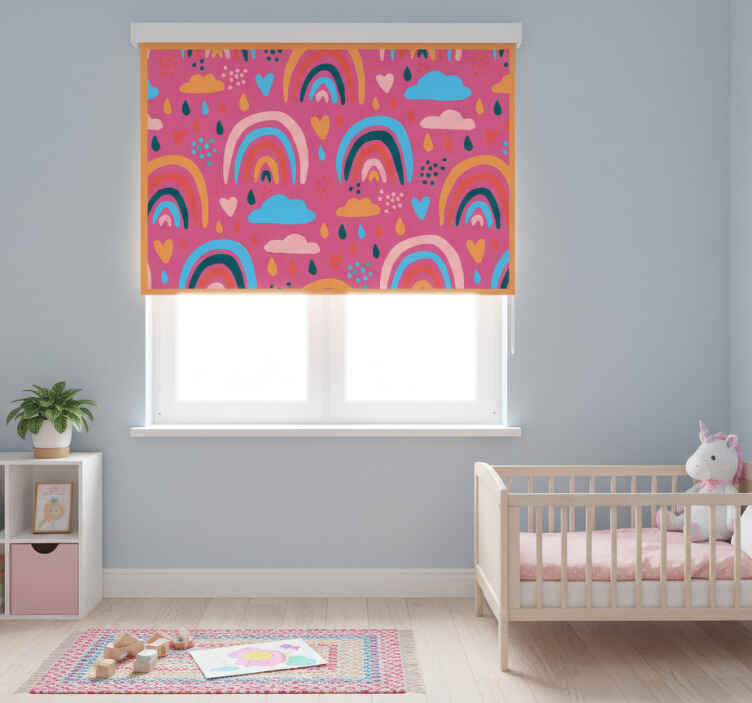 Kids roller blind minimalistic rainbows pink background - TenStickers