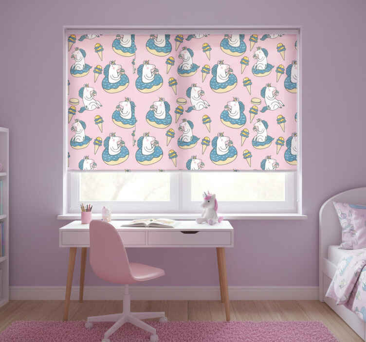 Rollo fenster kinderzimmer einhörner und eisbecher auf rosa - TenStickers