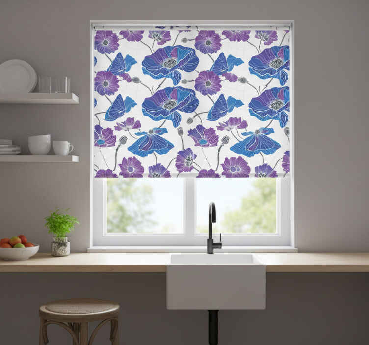 Toile fenêtre cuisine fleurs de jardin bleues et violettes - TenStickers